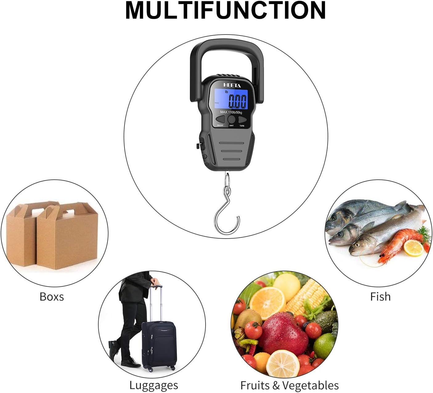 HEETA Fish Scale with Backlit LCD Display, Up to 110lb/50kg Digital Portable Hanging Fish Weight Scale with Hook & Measuring Tape for Home, Farm, Outdoor, Hunting, Fishing, 2 AAA Batteries Included - Image 7