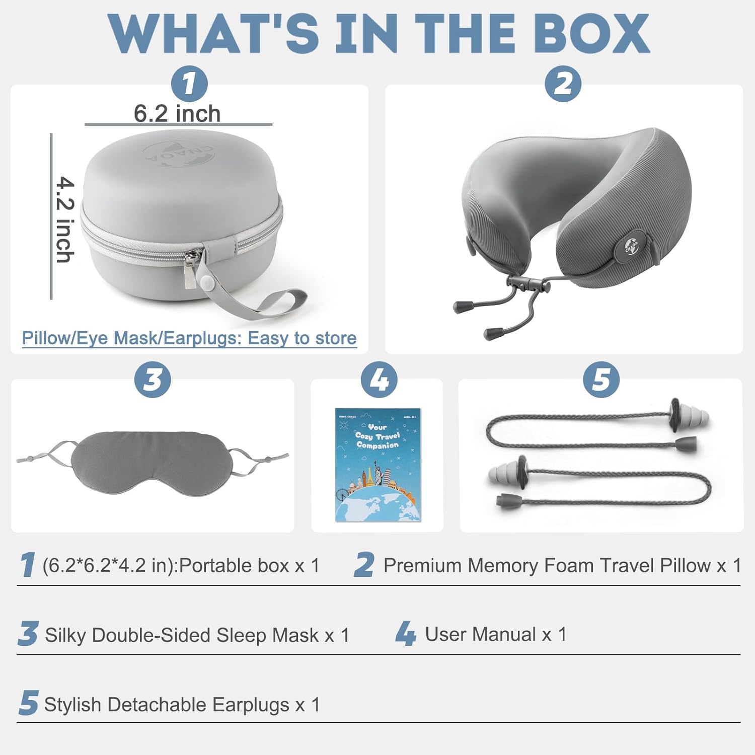 Travel Pillow for Airplanes, Neck Pillow eases Neck and Shoulder Pain on Long Flights, Adaptive Memory Foam Sleep Support, Portable Carry Case, Eye Mask and Earplugs Travel Set(Grey I) - Image 2