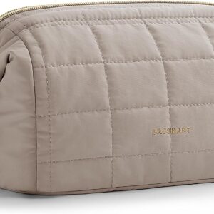 BAGSMART Makeup Bag Travel Toiletry Bag, Puffy Padded Make Up Bags for Women Makeup Organizer Case, Wide-open Pouch Purse Travel Essentials Toiletries Accessories Brushes, Camel