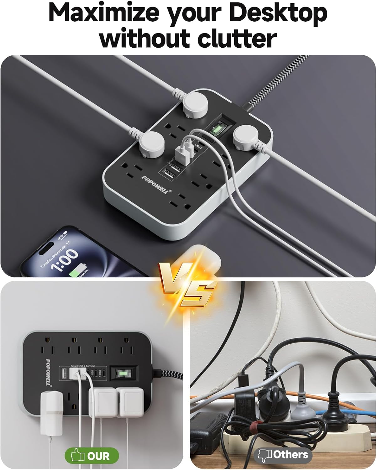 Power Strip Surge Protector- 5FT Flat Plug Extension Cord, 8 AC Outlet& 6 USB Ports(3 USB C), 1080 J Surge Protection, Desk Charging Station, Overload Switch, Home, Office, Gaming Room Essentials. - Image 8