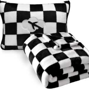 Travel Blanket and Pillow Compact, Premium Soft 2 in 1 Airplane Blanket with Soft Bag Pillowcase，Hand Luggage Sleeve and Backpack Clip (Checkered Black)