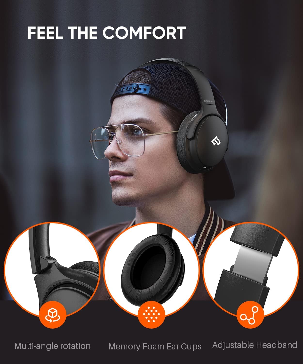 INFURTURE Over Ear Headphones Active Noise Cancelling Headphones, H1 Wireless Bluetooth Headset, Deep Bass Headset, Low Latency, 90H Playtime, Foldable Headphone for Sport Running Cool Gadgets Gift - Image 6
