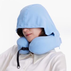 Privacy-Friendly Hooded Travel Pillow for Kids & Adults, Sensory-Friendly, Memory Foam Neck Support for Airplane, Car & Train, Breathable Fabric, Portable, Ultimate Comfort Blue