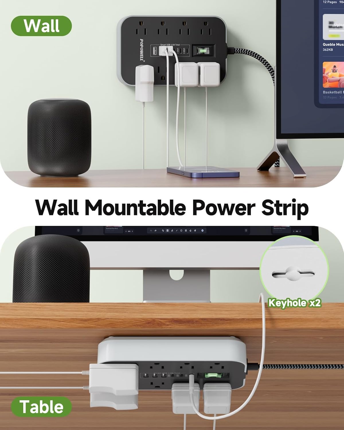 Power Strip Surge Protector- 5FT Flat Plug Extension Cord, 8 AC Outlet& 6 USB Ports(3 USB C), 1080 J Surge Protection, Desk Charging Station, Overload Switch, Home, Office, Gaming Room Essentials. - Image 7