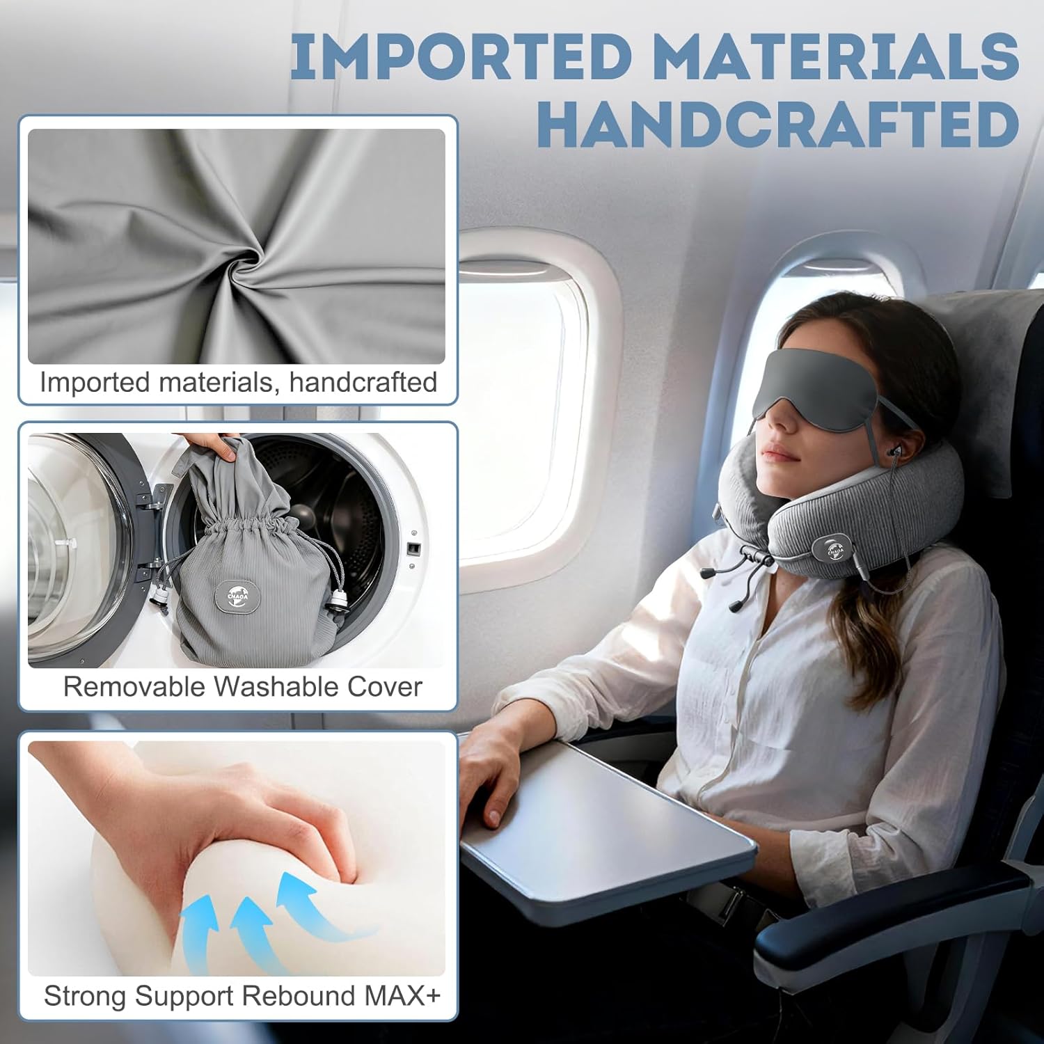 Travel Pillow for Airplanes, Neck Pillow eases Neck and Shoulder Pain on Long Flights, Adaptive Memory Foam Sleep Support, Portable Carry Case, Eye Mask and Earplugs Travel Set(Grey I) - Image 5