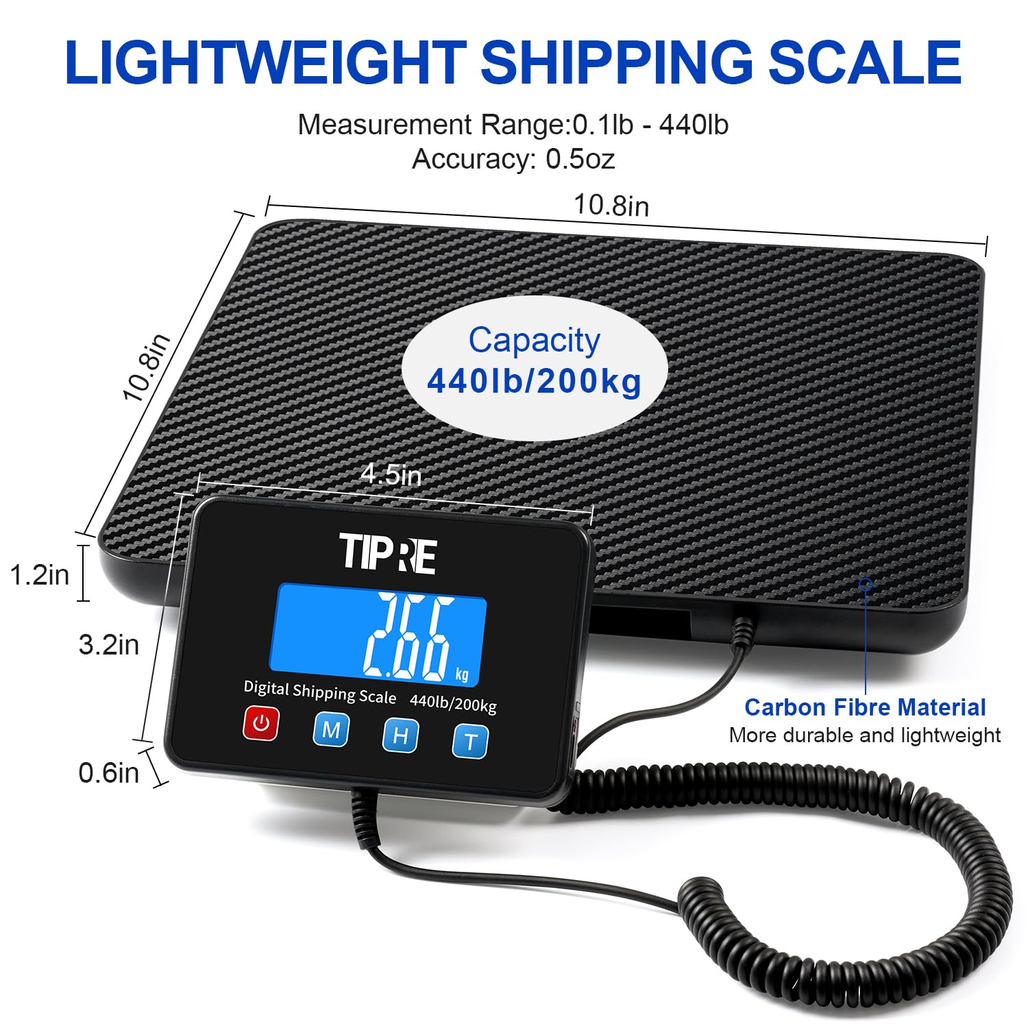 Digital Shipping Postal Scale 440lb/0.5oz Accuracy! Lightweight Carbon Fibre Commercial Weight Scale for Package, Small Business, Mail, Warehouse, Home, Luggage, Battery&Charging Cable Included - Image 2