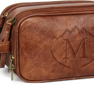 Travel Toiletry Bag for Men,Mens Shaving Bags for Toiletries,Men's Toiletry Travel Bag PU Leather,Personalized Travel Essentials,Birthday Gifts For Men,Brown- M