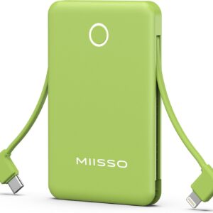 miisso 6000mah Ultra Slim Built in Cables Power Bank, Card Size Built in USB C Cords Battery Pack Portable Charger for Phones, 3 Output External Battery Pack Compatible with iPhone, Deep Green