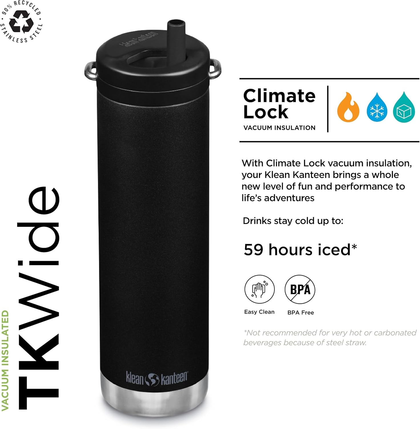 Klean Kanteen TKWide Insulated Water Bottle with Twist Cap - Reusable Travel Water Bottle with Stainless Steel Straw - Perfect for Sports & the Office - Black, 20 oz - Image 2