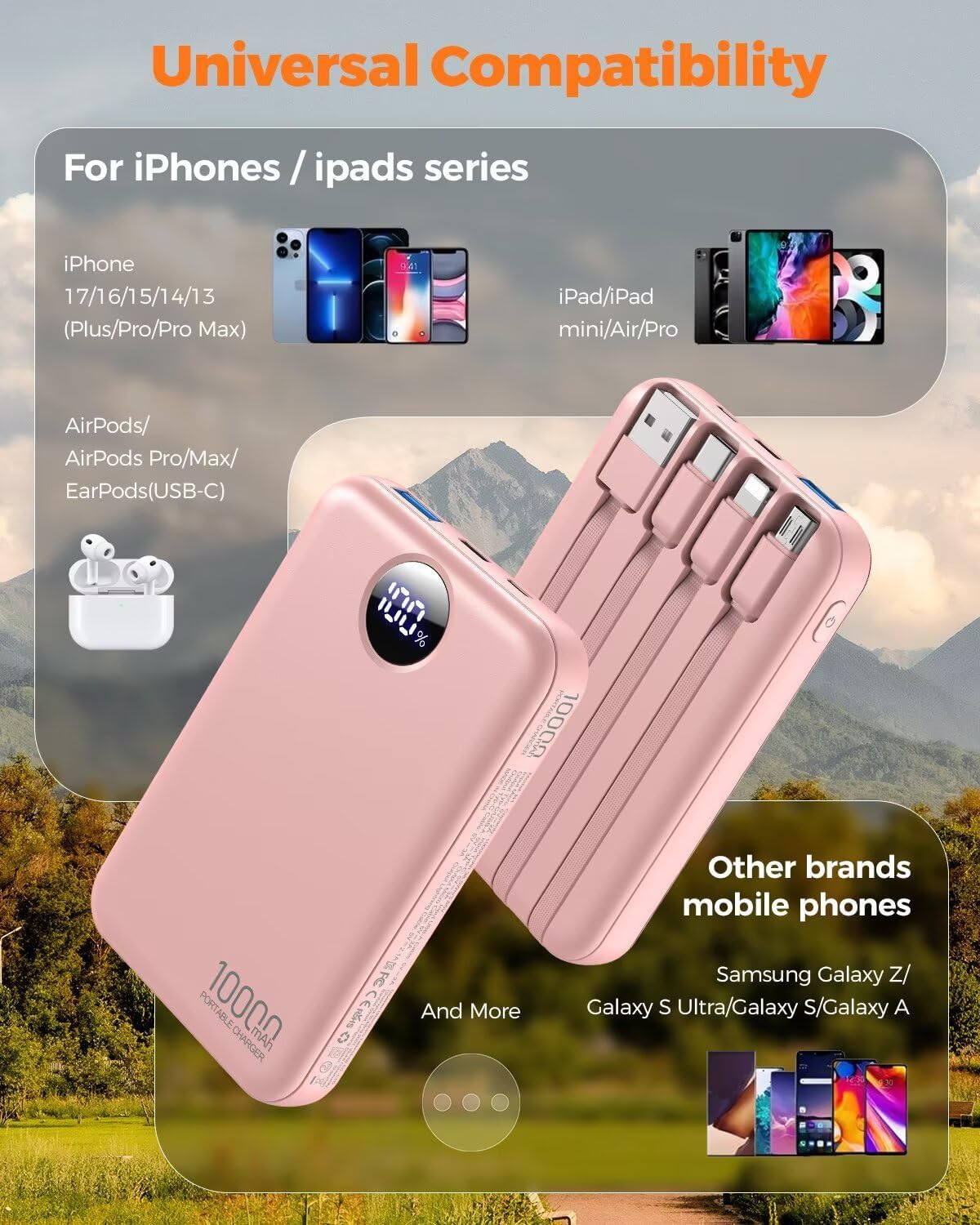 Portable Charger 10000mAh Power Bank with 4 Built-in Cables,LED Display Compact and Battery Pack with Multiple USB Ports All-in-One Travel Charger for iPhone,Android and Other Devices-Pink - Image 3