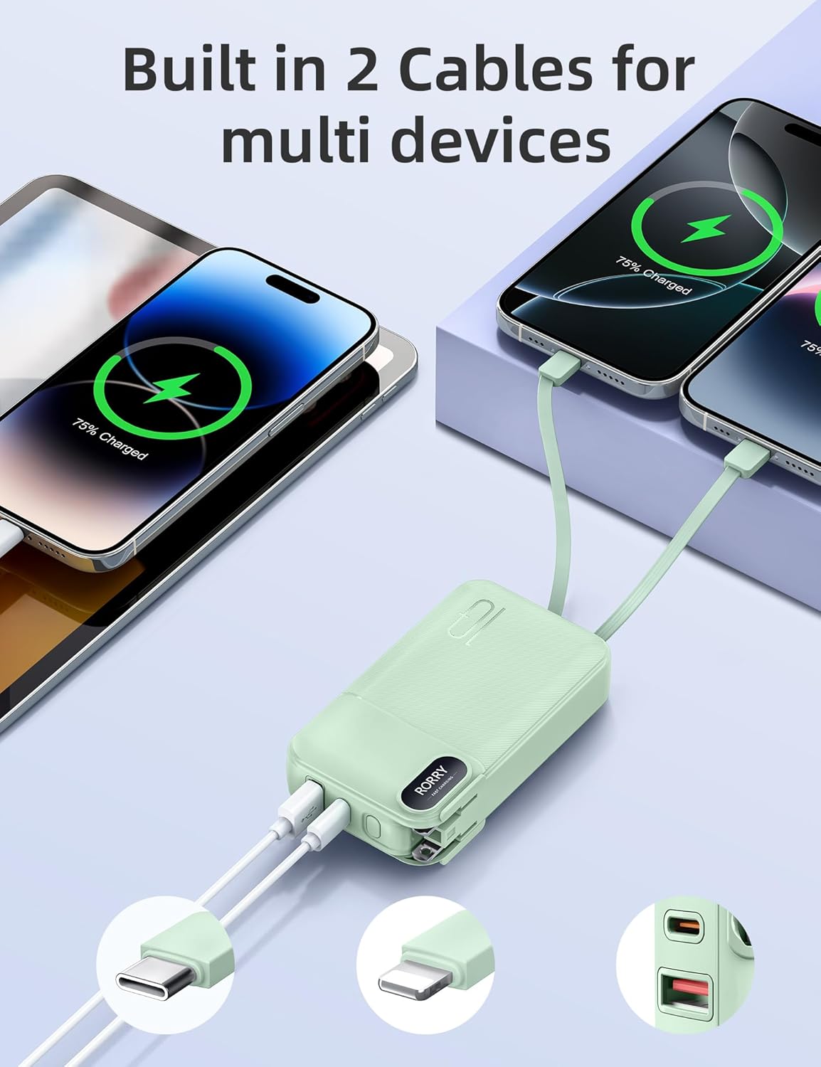 RORRY Portable Charger Built in Cables, AC Wall Plug In Portable Charger Power Bank 10000mAh Travel Battery Pack 22.5W Fast Charging for iPhone 17/16/15 Samsung Galaxy S25/S24/S23 Pixel LG iPad, Green - Image 3