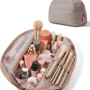 BAGSMART Travel Makeup Bag for Women, Portable Fold-down Cosmetic Case, Puffy Padded Make Up Organizer Pouch, Water-resistant Toiletry Bag for Toiletries, Brushes (Brown)