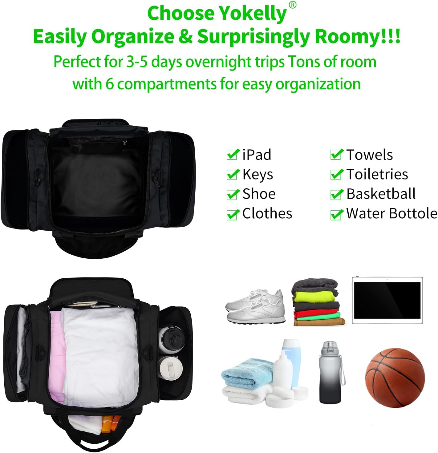 Sports Duffel Bag 20 inch for Travel Gym - Black - Image 4