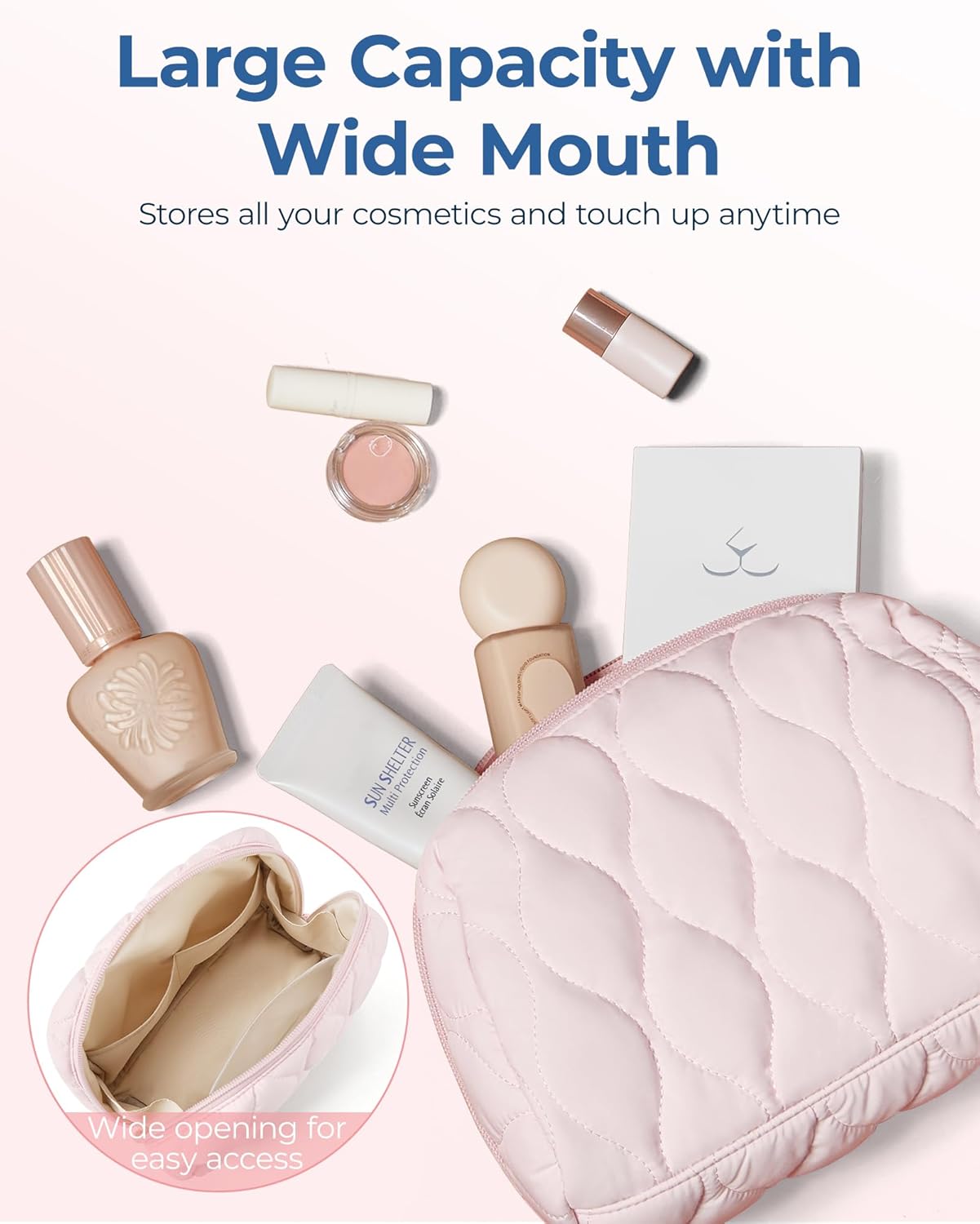 BAGSMART Makeup Bag, Travel Cosmetic Bag, Puffy Padded Make Up Bag for Women, Makeup Organizer Case, Wide-open Pouch Purse, Travel Essentials, Toiletries Accessories Brushes, Black - Image 3