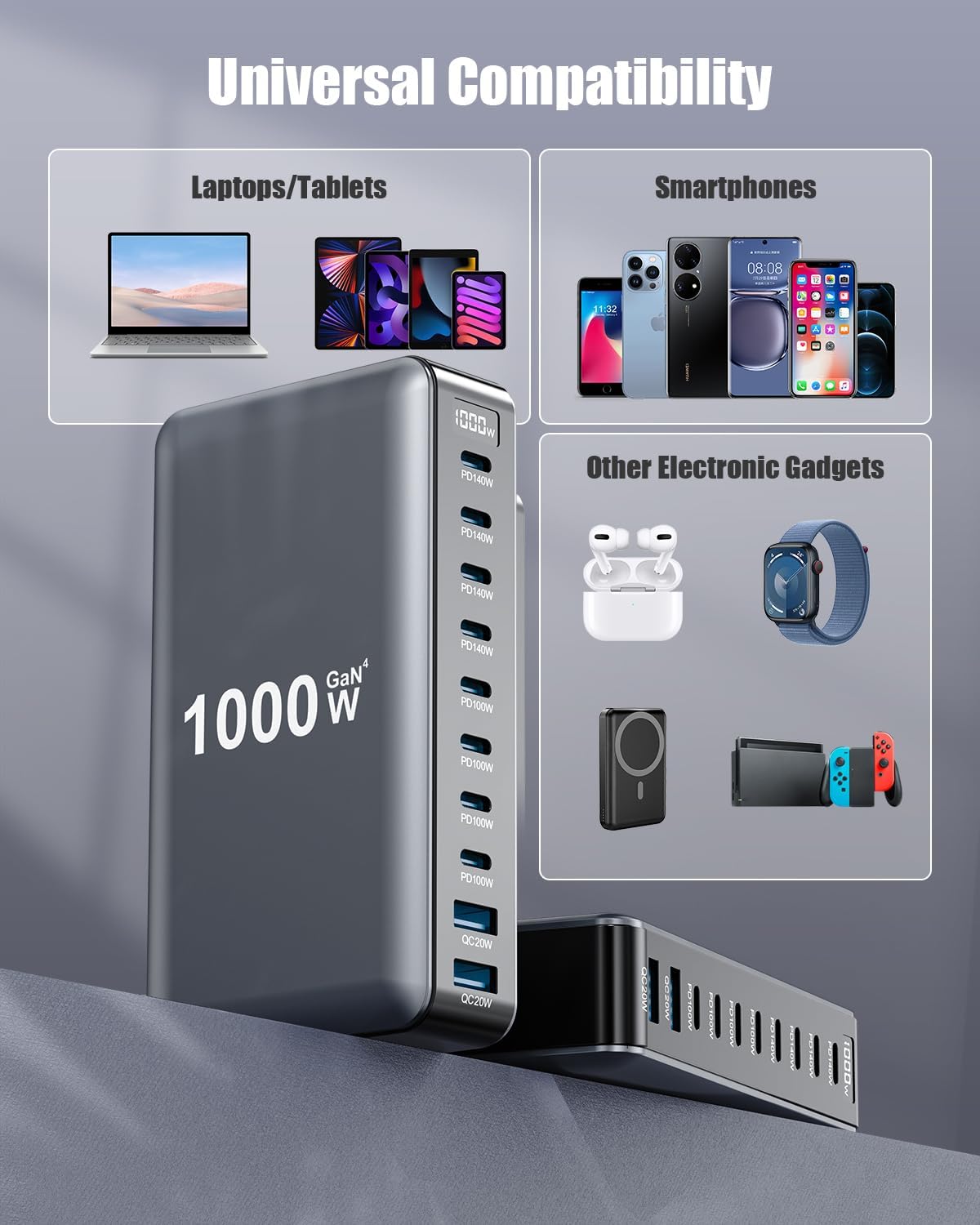 1000W USB C Charger Block,10-Port USB C Charging Station GaN IV Travel Essentials Multiple Port Charging Station,140W Laptop Fast Charger Adapter for MacBook Pro/Air,DELL,iPad,iPhone,Samsung Galaxy - Image 4