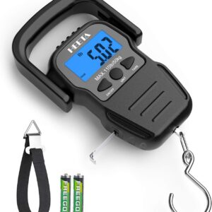 HEETA Fish Scale with Backlit LCD Display, Up to 110lb/50kg Digital Portable Hanging Fish Weight Scale with Hook & Measuring Tape for Home, Farm, Outdoor, Hunting, Fishing, 2 AAA Batteries Included