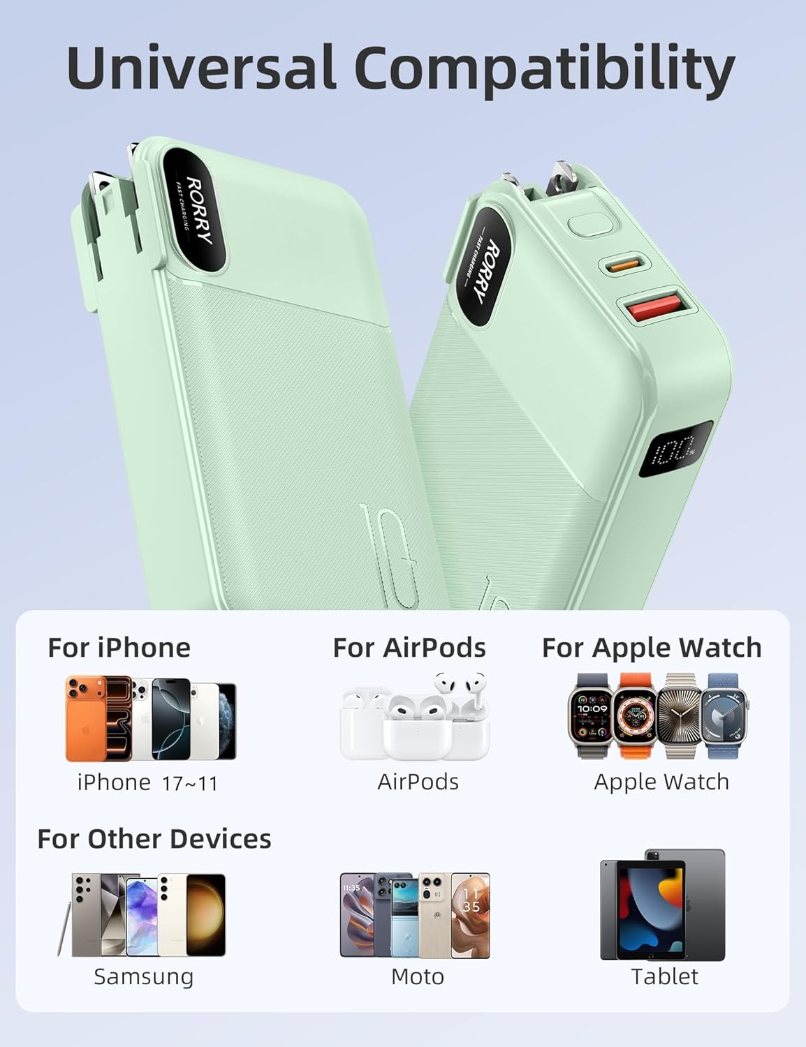 RORRY Portable Charger Built in Cables, AC Wall Plug In Portable Charger Power Bank 10000mAh Travel Battery Pack 22.5W Fast Charging for iPhone 17/16/15 Samsung Galaxy S25/S24/S23 Pixel LG iPad, Green - Image 7