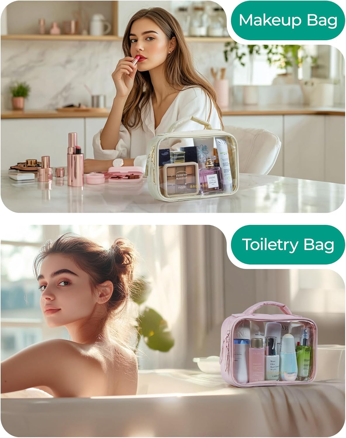 BAGSMART Clear TSA-Approved Toiletry Bag, Large Opening Quart Sized Makeup Bag with Handle, Double Zipper, Clear Cosmetic Organizer for Women - Image 6