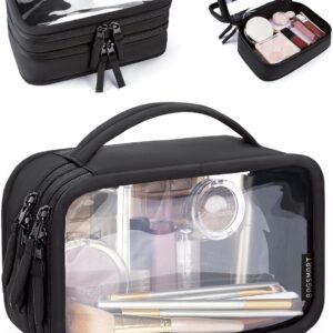 BAGSMART Double Layer Clear Makeup Bag, TSA-Approved Toiletry Bag, Large Opening with Handle, Cute Water-Resistant Travel Cosmetic Bag with Double Zipper for Car Essentials(Black)