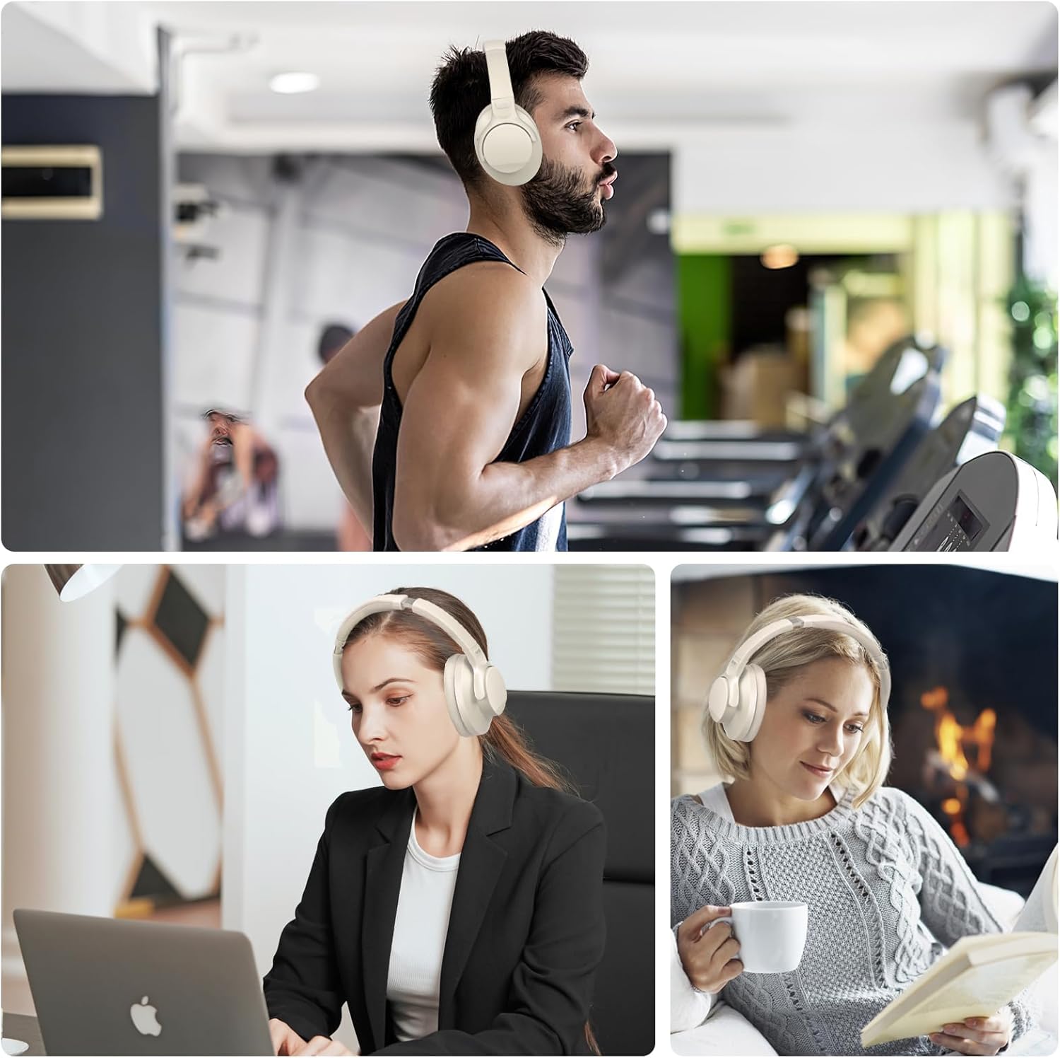 ZIHNIC Active Noise Cancelling Headphones, 60H Playtime Wireless Bluetooth Headset Low Latency-Milky White - Image 6