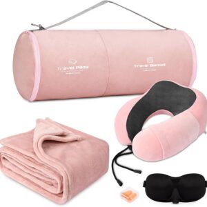 Travel Pillow and Blanket Set Neck Pillows Travel Essentials with Sleep Mask for Airplane Car Memory Foam Pink