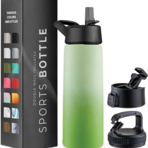 Triple-Insulated Stainless Steel Water Bottles with Straw, 25 Oz Reusable Insulated Water Bottles with 3 Lids, Metal Water Bottle for Travel, School, Sports, Gym/Men, Women & Kids (Dreamy Green)