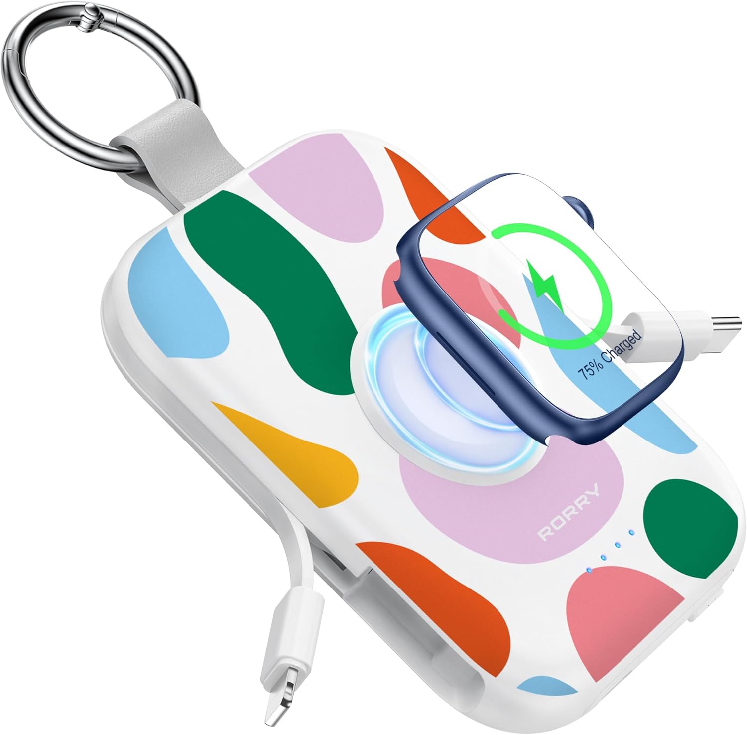 RORRY Portable Charger, 5000mAh Portable Charger Power Bank with Built-in Cables, Travel Keychain Battery Pack for Apple Watch Ultra/11/10/9/8/7/6/SE, iPhone Air/17/16/15/14/13/12, Graffiti