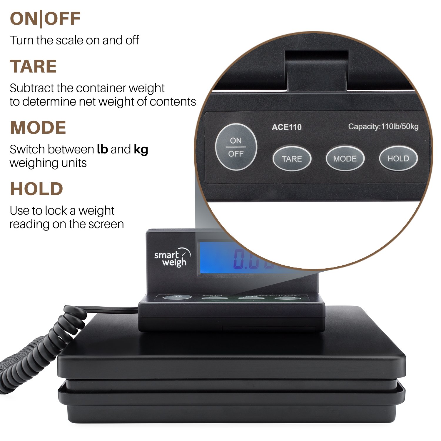 Smart Weigh Digital Postal Shipping Scale, 110lb/50kg to 0.1oz/2g Precision, Hold Function, Separate Wall-Mount Screen, AC Adapter & Batteries Included - Image 6