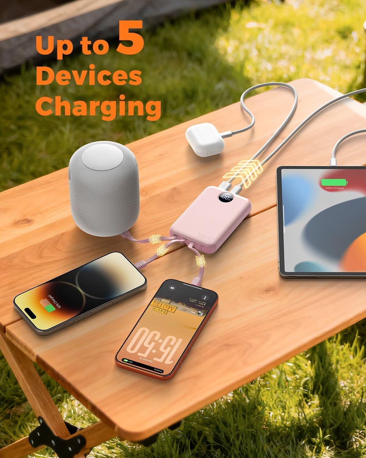 Portable Charger 10000mAh Power Bank with 4 Built-in Cables,LED Display Compact and Battery Pack with Multiple USB Ports All-in-One Travel Charger for iPhone,Android and Other Devices-Pink - Image 5