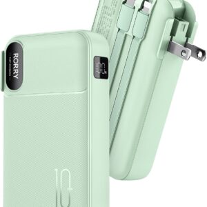 RORRY Portable Charger Built in Cables, AC Wall Plug In Portable Charger Power Bank 10000mAh Travel Battery Pack 22.5W Fast Charging for iPhone 17/16/15 Samsung Galaxy S25/S24/S23 Pixel LG iPad, Green