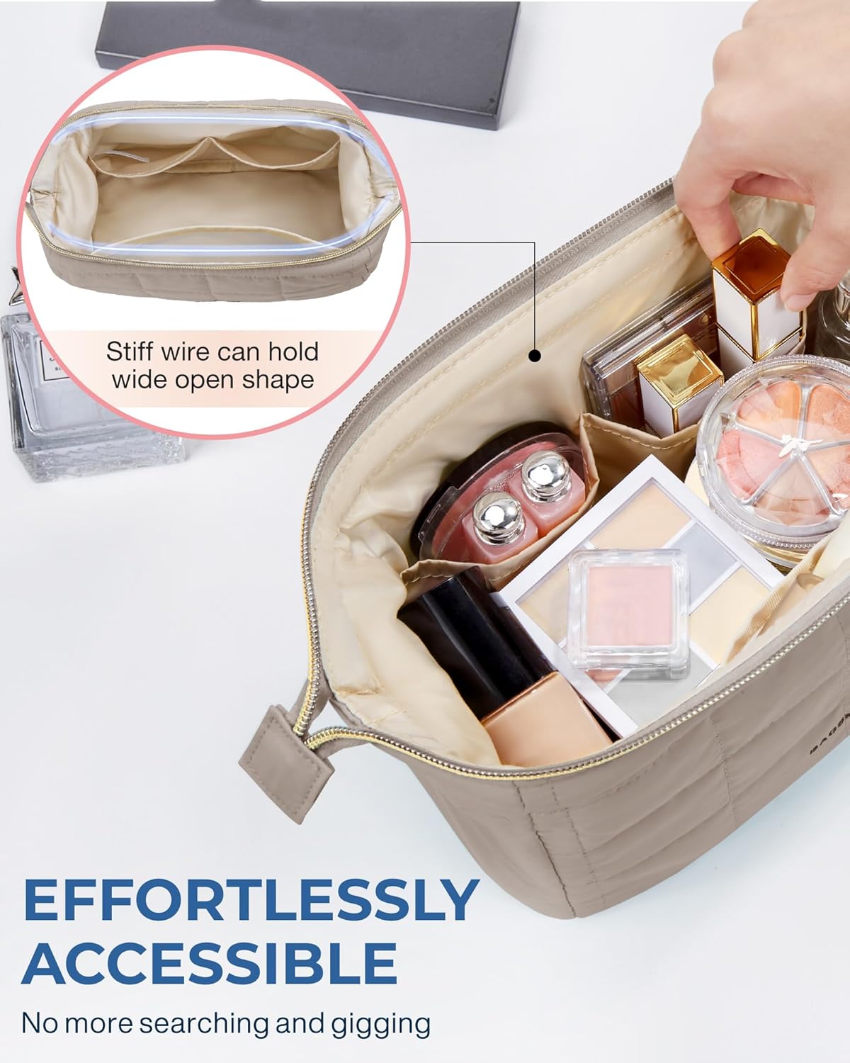 BAGSMART Makeup Bag Travel Toiletry Bag, Puffy Padded Make Up Bags for Women Makeup Organizer Case, Wide-open Pouch Purse Travel Essentials Toiletries Accessories Brushes, Camel - Image 5