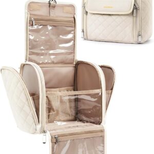 BAGSMART Toiletry Bag Travel Makeup Bag with Hanging Hook, Cosmetic Bag Make Organizer Case, Large Capacity Water-resistant Organizer for Toiletries Accessories Brushes Sponge, Beige