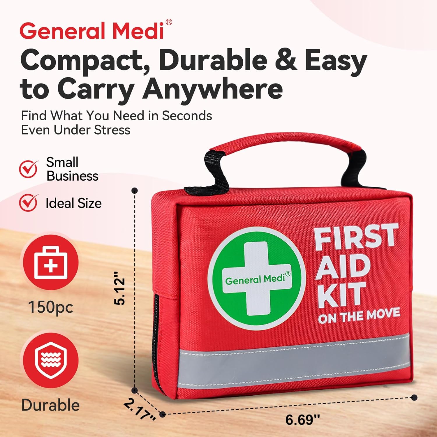 General Medi First Aid Kit - 150 Pieces Small Compact First Aid Kit Bag - Includes Instant Cold Pack, Emergency Blanket for Travel, Home, Office, Vehicle, Camping - Image 3