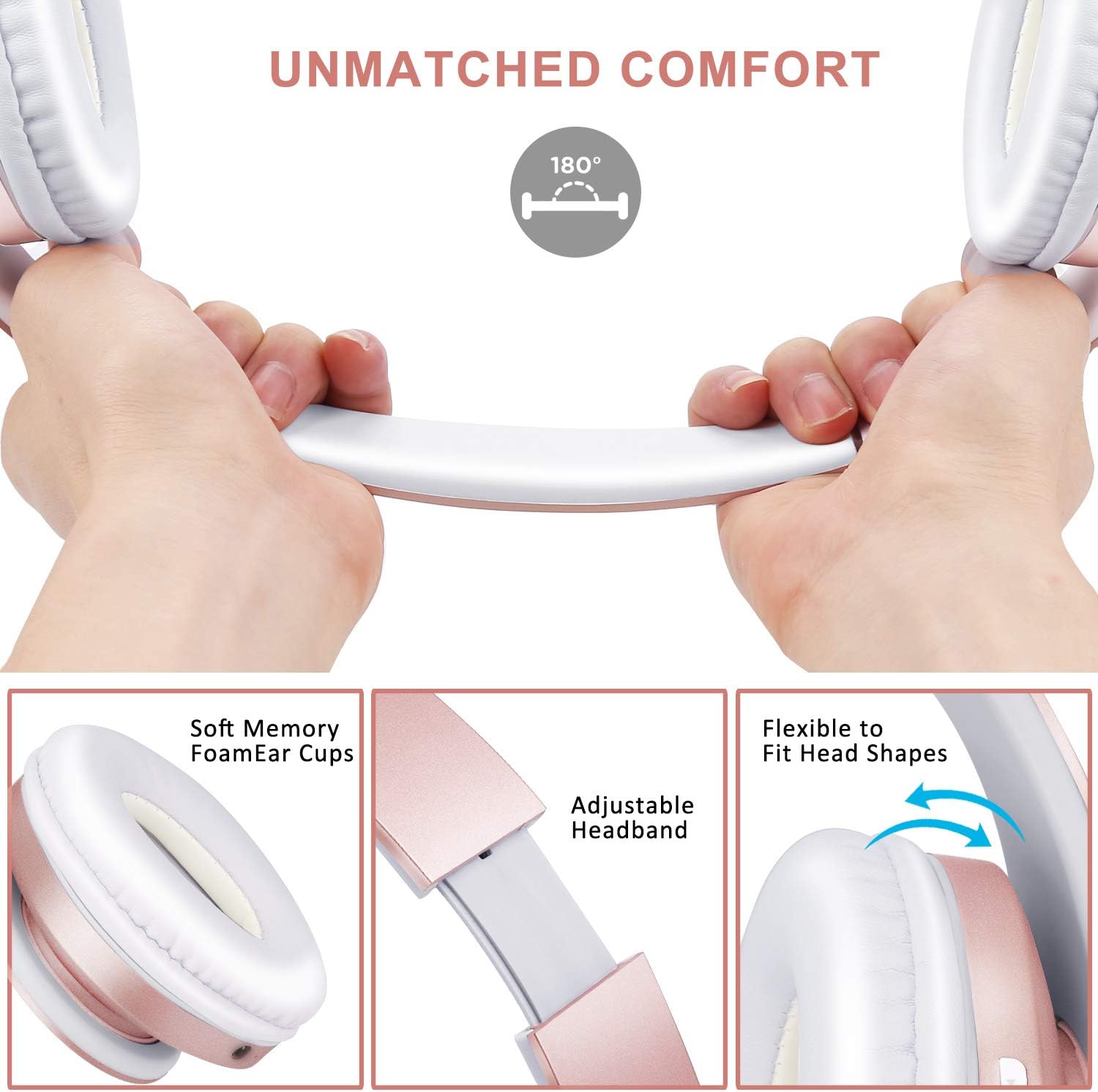 ZIHNIC Bluetooth Headphones Over-Ear, Foldable Wireless and Wired Stereo Headset Micro SD/TF, FM for Cell Phone,PC,Soft Earmuffs &Light Weight for Prolonged Wearing(Rose Gold) - Image 4