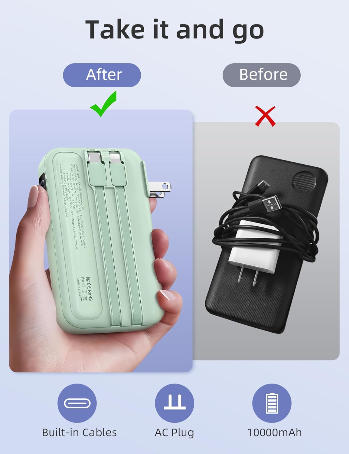 RORRY Portable Charger Built in Cables, AC Wall Plug In Portable Charger Power Bank 10000mAh Travel Battery Pack 22.5W Fast Charging for iPhone 17/16/15 Samsung Galaxy S25/S24/S23 Pixel LG iPad, Green - Image 2