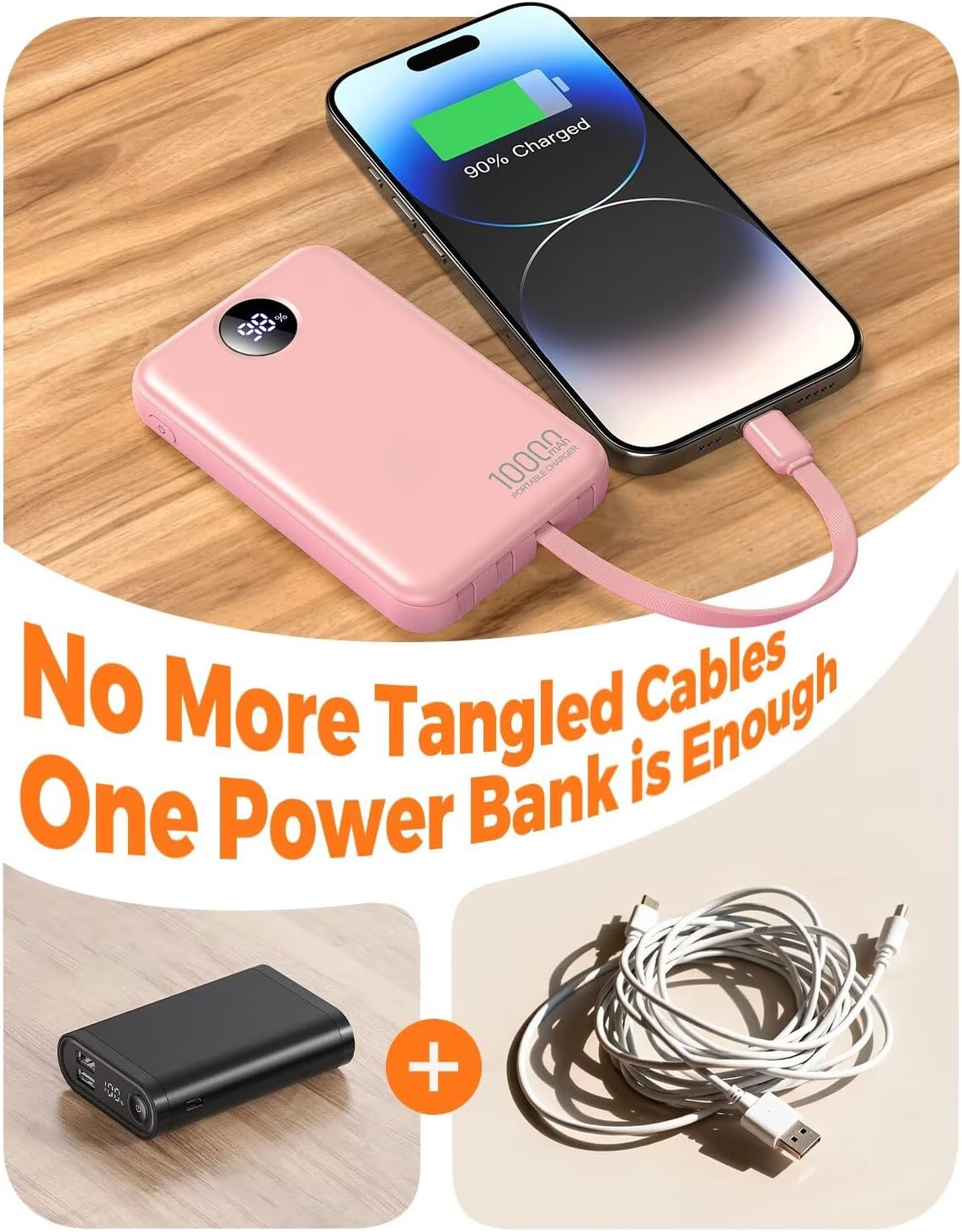 Portable Charger 10000mAh Power Bank with 4 Built-in Cables,LED Display Compact and Battery Pack with Multiple USB Ports All-in-One Travel Charger for iPhone,Android and Other Devices-Pink - Image 7