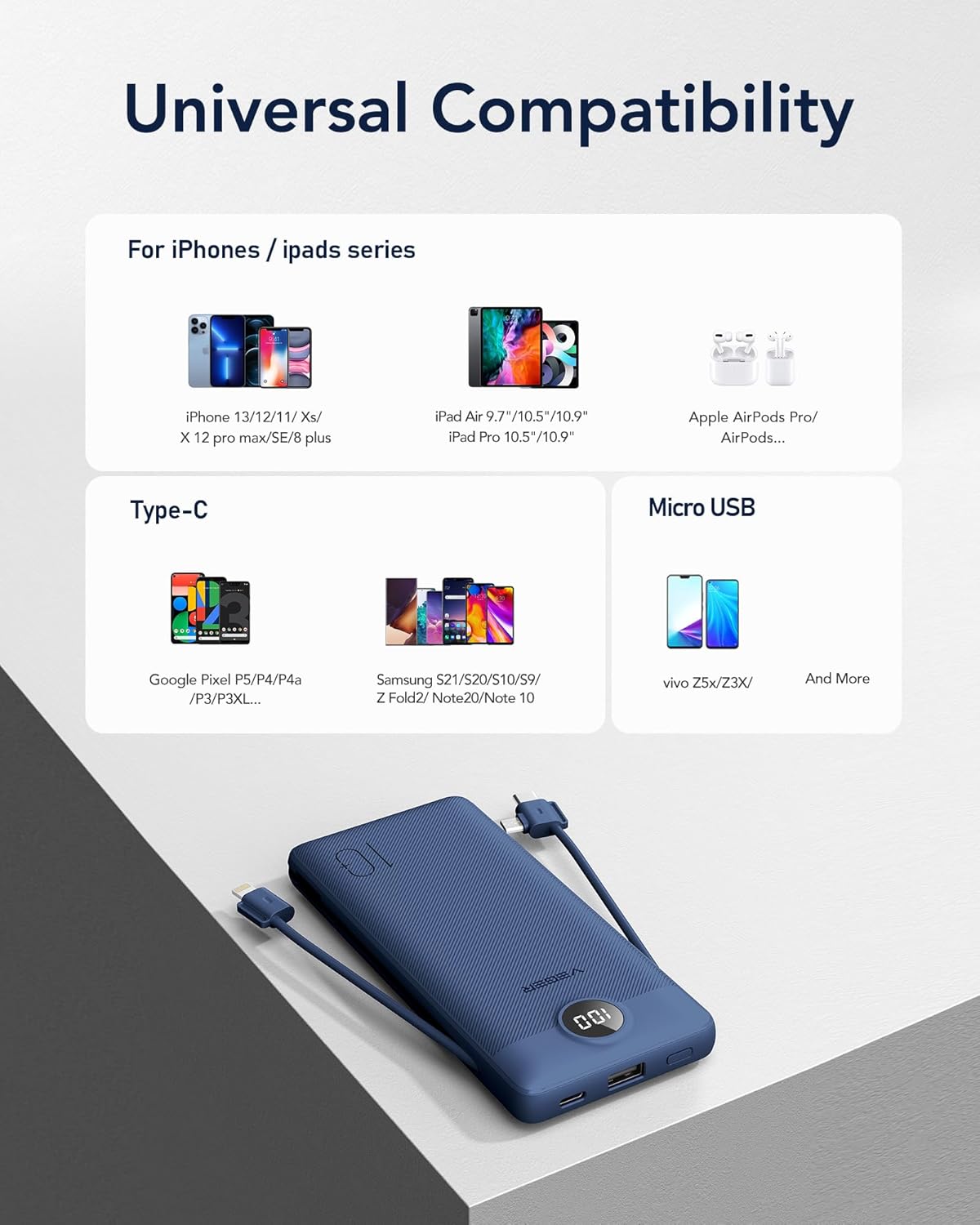 VEGER Portable Charger with Built-in AC Plug and Cables, All in One 10000mAh Ultra Slim Power Bank Travel Essentials, Fast Charging Battery Pack Compatible with iPhone, Samsung, Android (Navy) - Image 6
