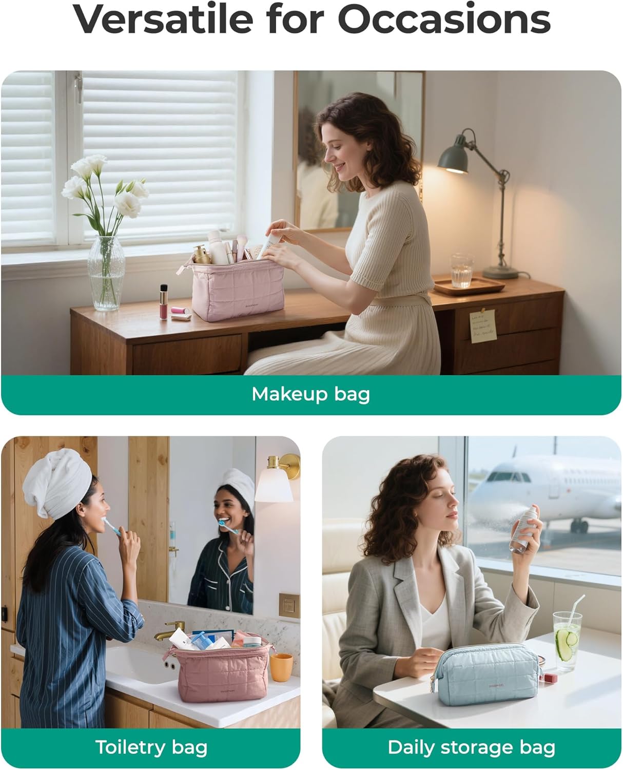 BAGSMART Makeup Bag Travel Toiletry Bag, Puffy Padded Make Up Bags for Women Makeup Organizer Case, Wide-open Pouch Purse Travel Essentials Toiletries Accessories Brushes, Camel - Image 7