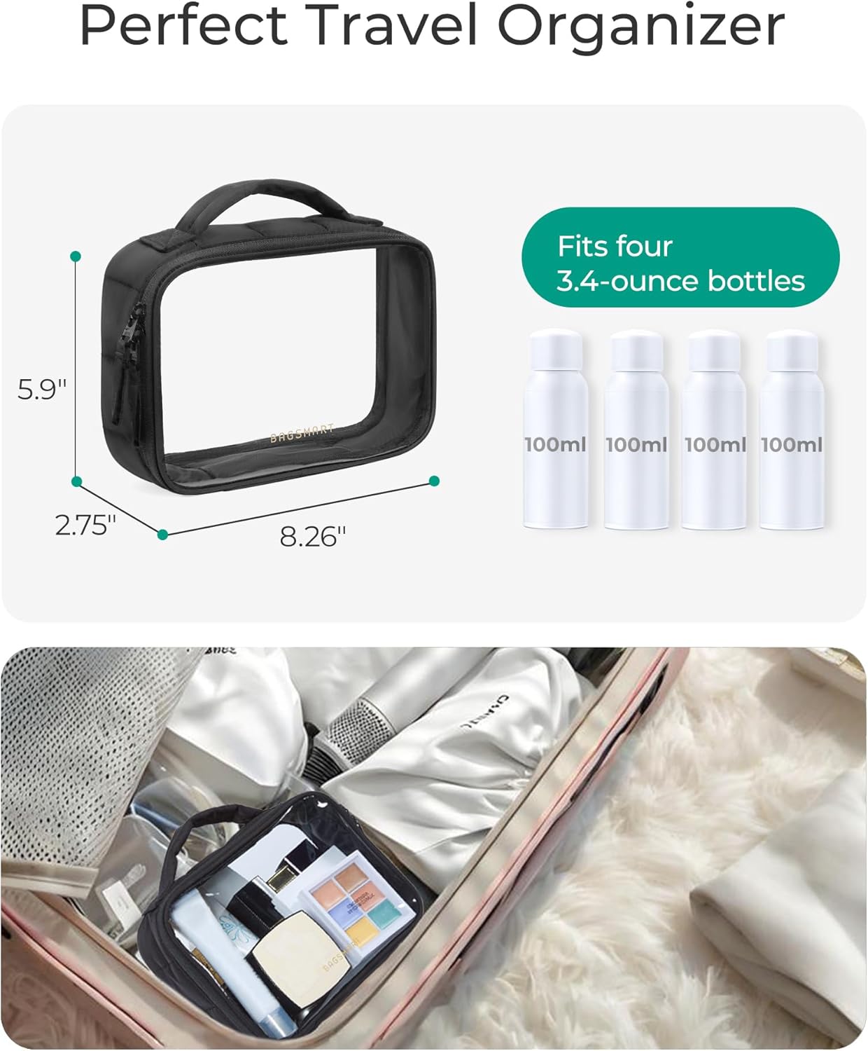 BAGSMART Clear TSA-Approved Toiletry Bag, Large Opening Quart Sized Makeup Bag with Handle, Double Zipper, Clear Cosmetic Organizer for Women - Image 3
