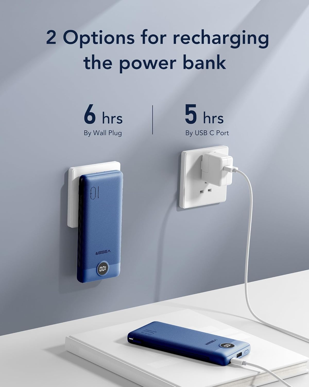 VEGER Portable Charger with Built-in AC Plug and Cables, All in One 10000mAh Ultra Slim Power Bank Travel Essentials, Fast Charging Battery Pack Compatible with iPhone, Samsung, Android (Navy) - Image 5