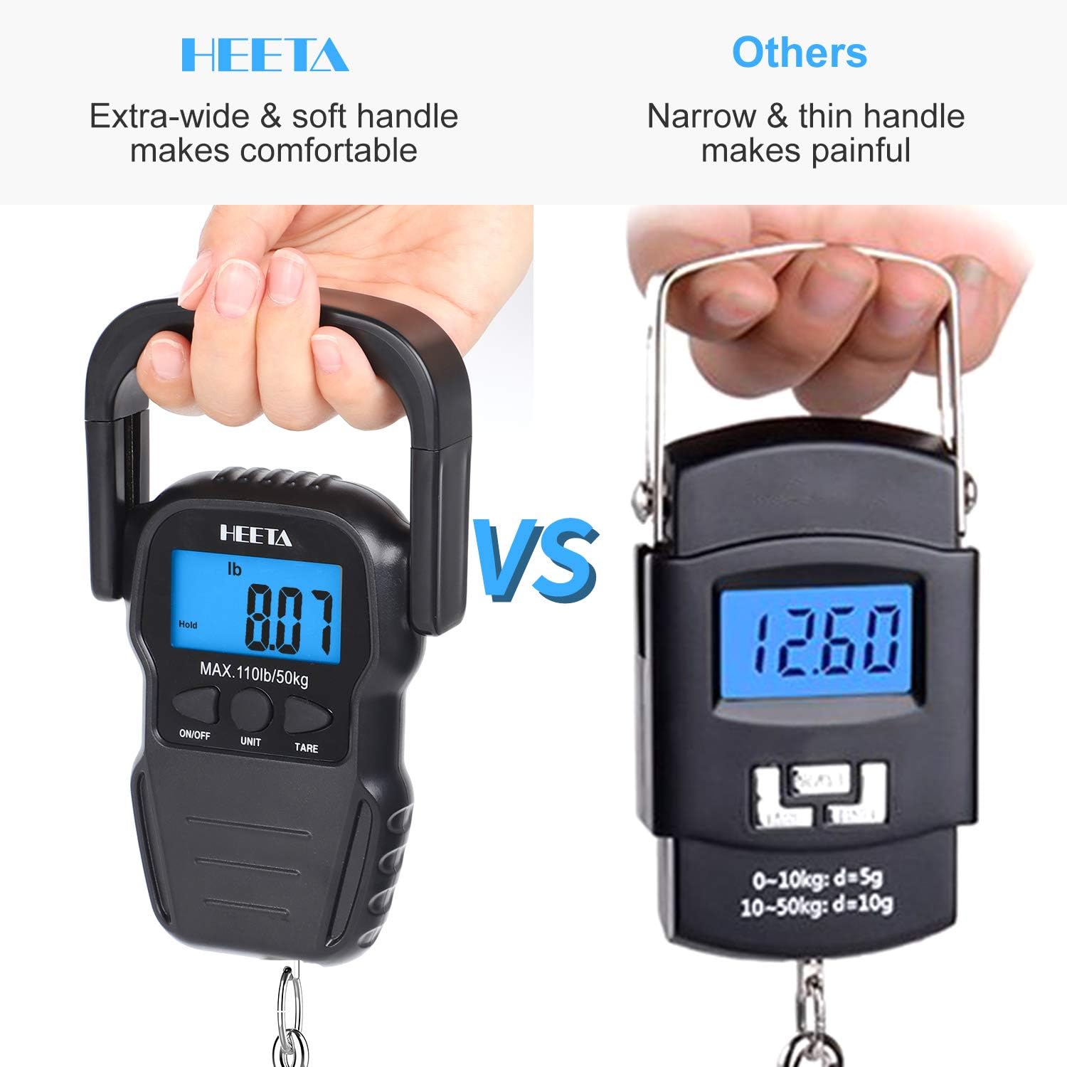 HEETA Fish Scale with Backlit LCD Display, Up to 110lb/50kg Digital Portable Hanging Fish Weight Scale with Hook & Measuring Tape for Home, Farm, Outdoor, Hunting, Fishing, 2 AAA Batteries Included - Image 5