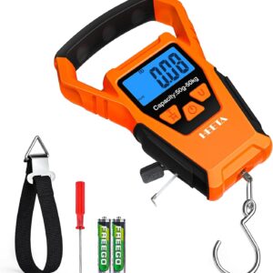 HEETA Waterproof Fish Scale Digital with Backlit LCD Display, 110lb/50kg Portable Hanging Scale Fishing Scale for Home and Outdoor, Measuring Tape and 2 AAA Batteries Included