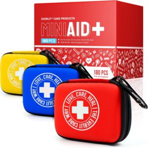 Mini-Aid First Aid Kit | Compact & Lightweight Case with Carabiners for Travel | Family & Kid Friendly 180 Pcs Wound Care Supplies for School, Work, Outdoor, Home & Office | Pack of 3