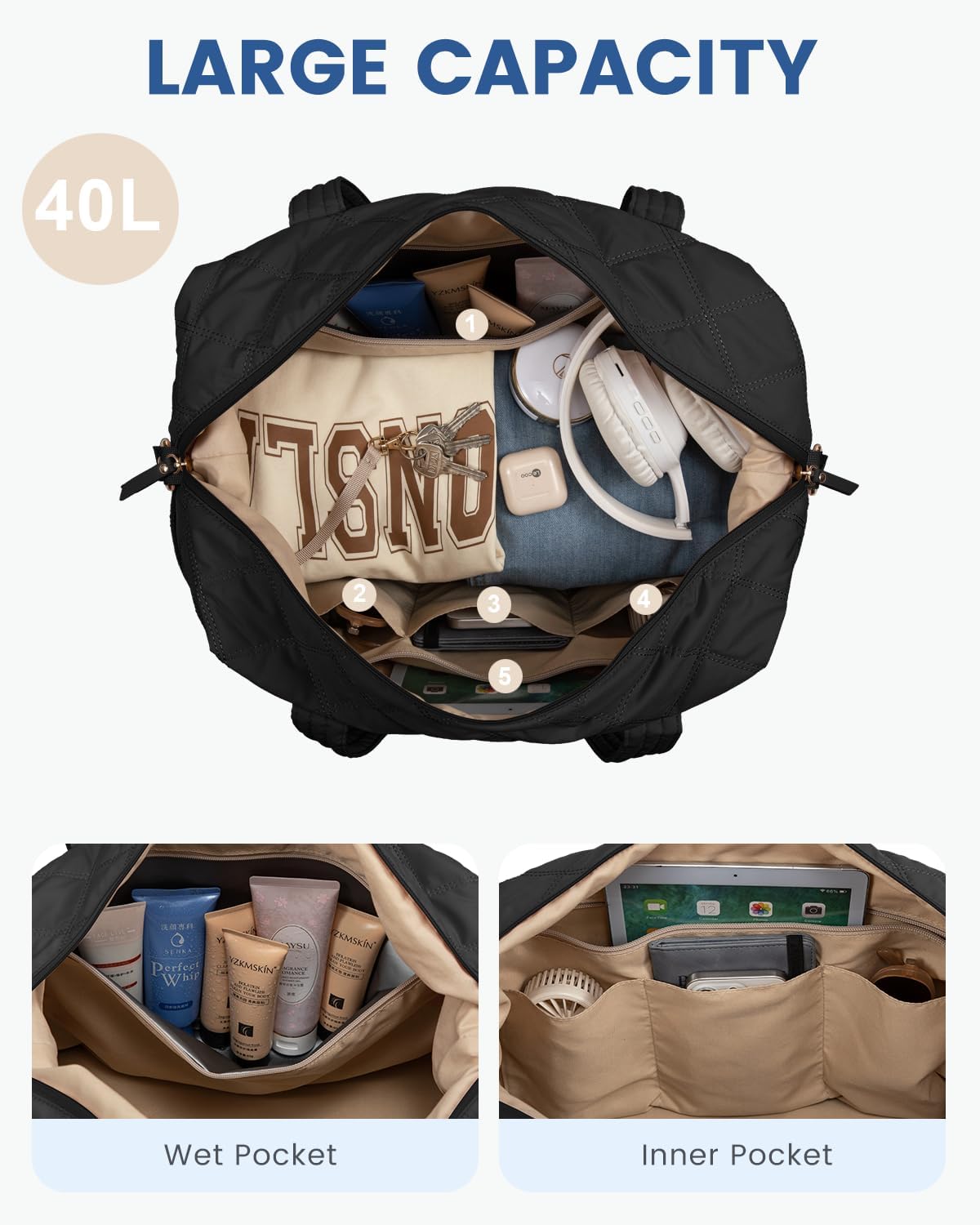 LOVEVOOK Travel Duffle Bag, Lightweight Weekender Bags for Women with Shoe Compartment, 40L Puffer Gym Bag Personal Item Travel Bag, Overnight Bags and Hospital Bag for Labor and Delivery, Black - Image 4