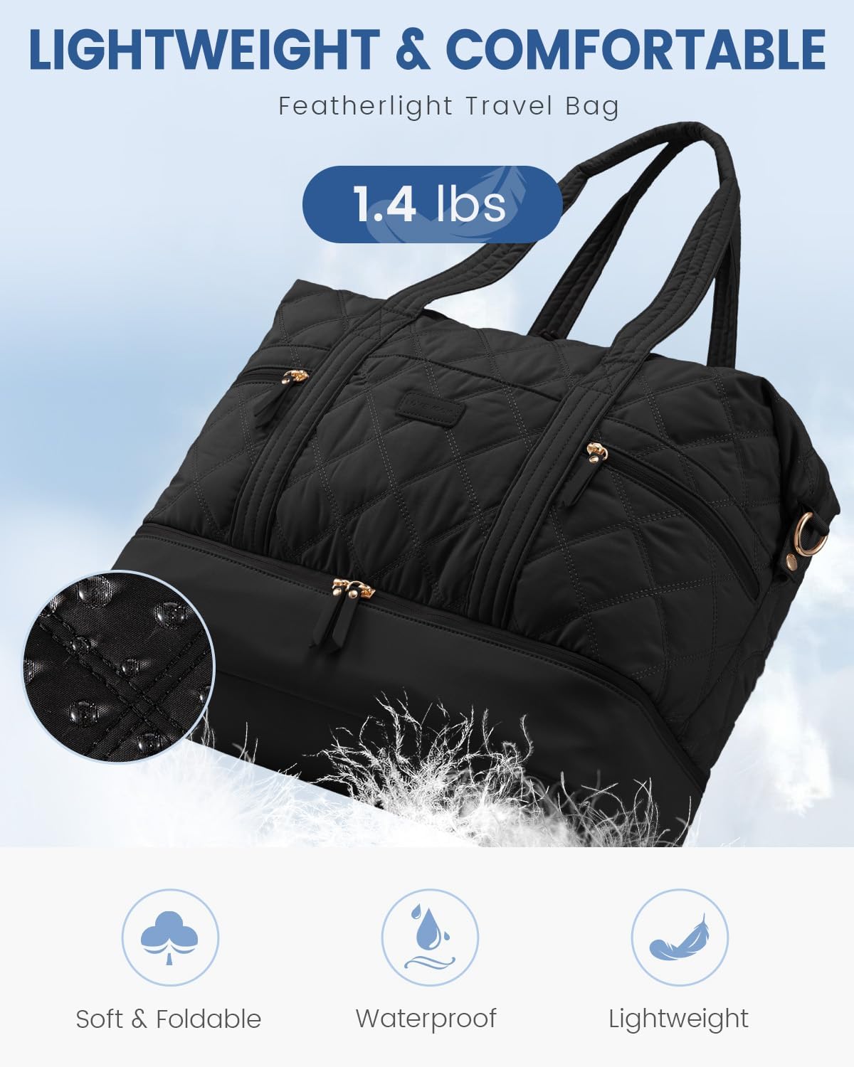 LOVEVOOK Travel Duffle Bag, Lightweight Weekender Bags for Women with Shoe Compartment, 40L Puffer Gym Bag Personal Item Travel Bag, Overnight Bags and Hospital Bag for Labor and Delivery, Black - Image 7