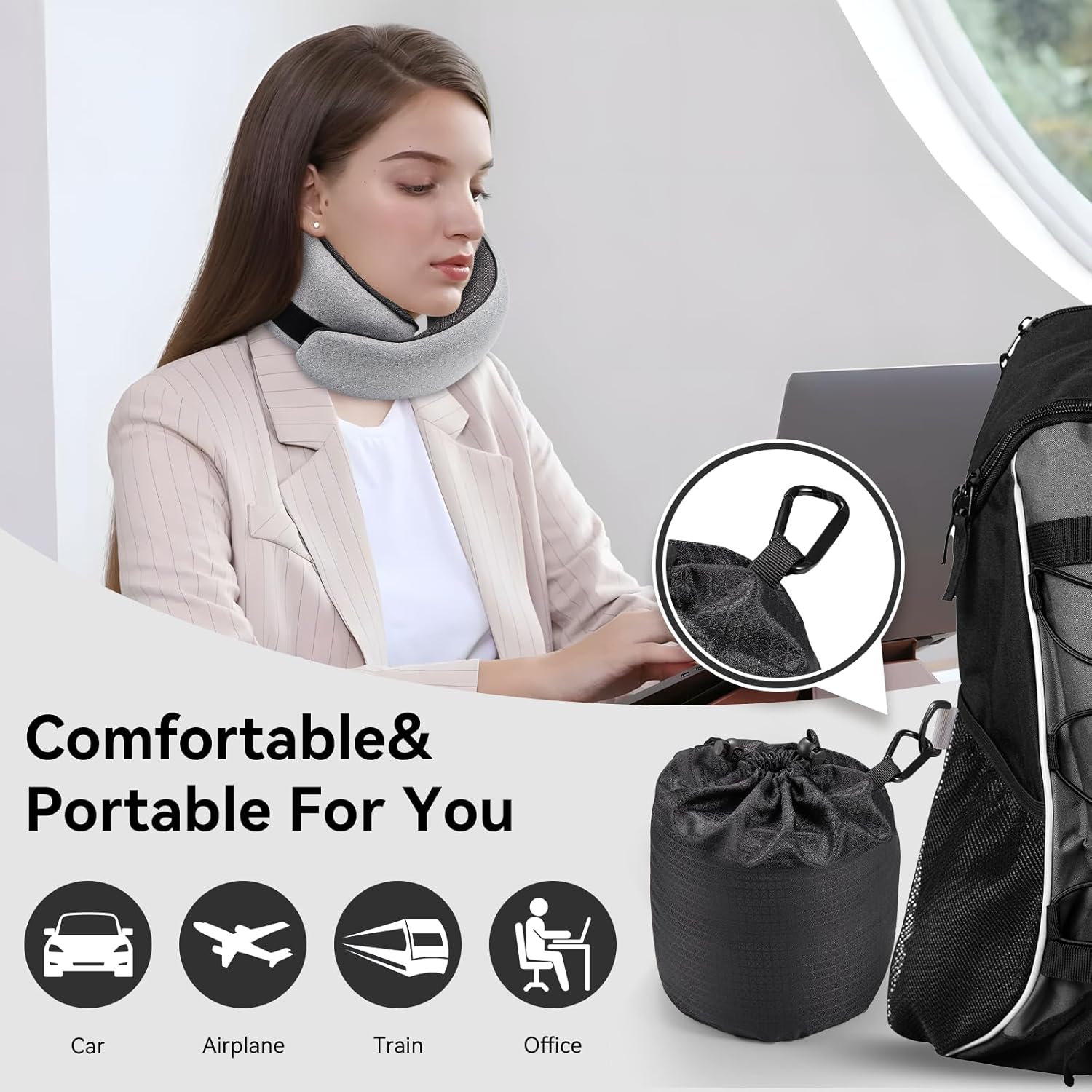 Travel Pillow, Memory Foam Travel Neck Pillow with Ergonomic 360° Support, Travel Essentials for Plane, Car, Train and Home, Max Gray - Image 3