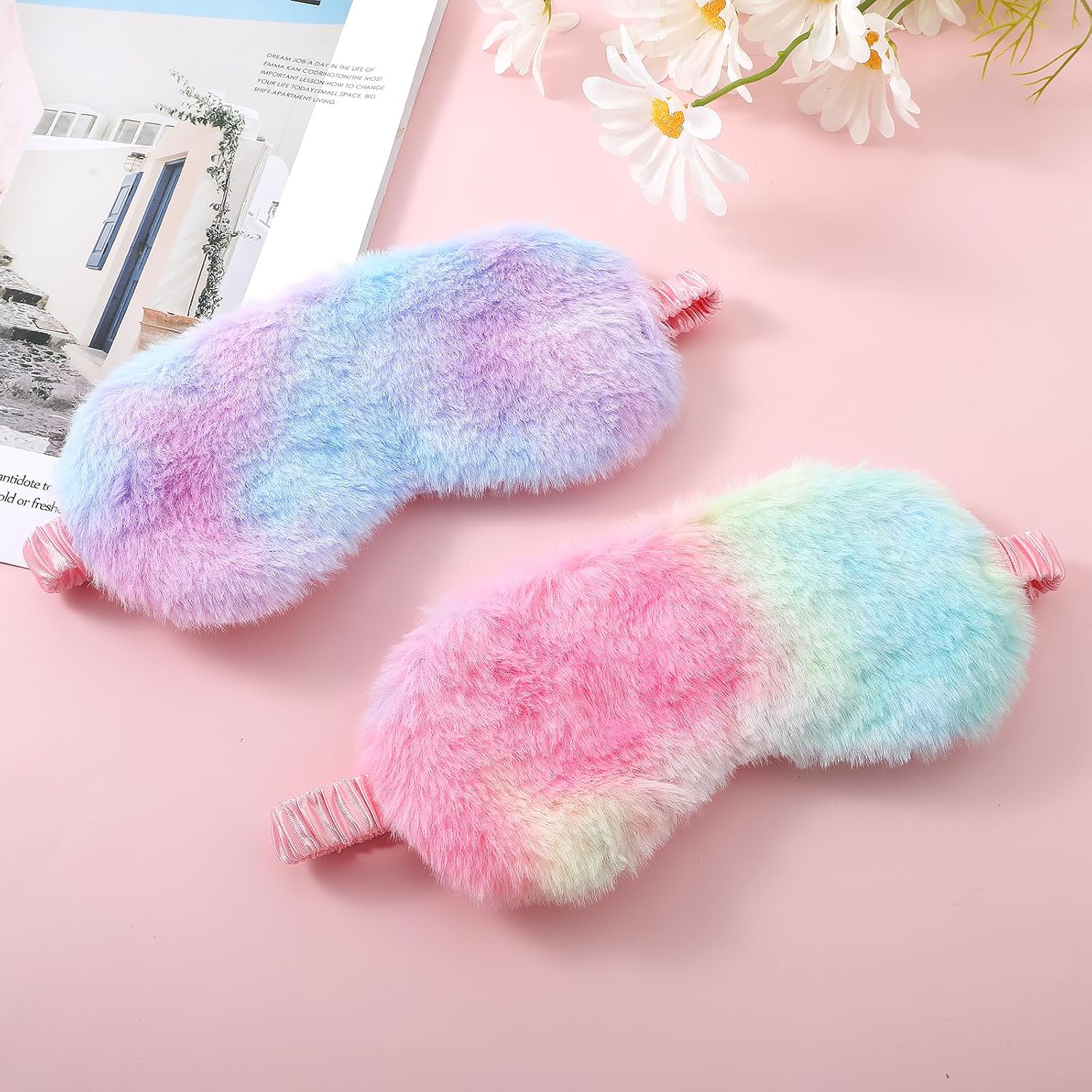 2 Pack Plush Sleeping Eye Mask Soft Plush Eye Mask Fuffy Eye Cover Comfortable Sleep Mask Blindfold Rainbow Faux Fur Eye Shade for Women, Men and Kids Travel Nap Sleeping - Image 3
