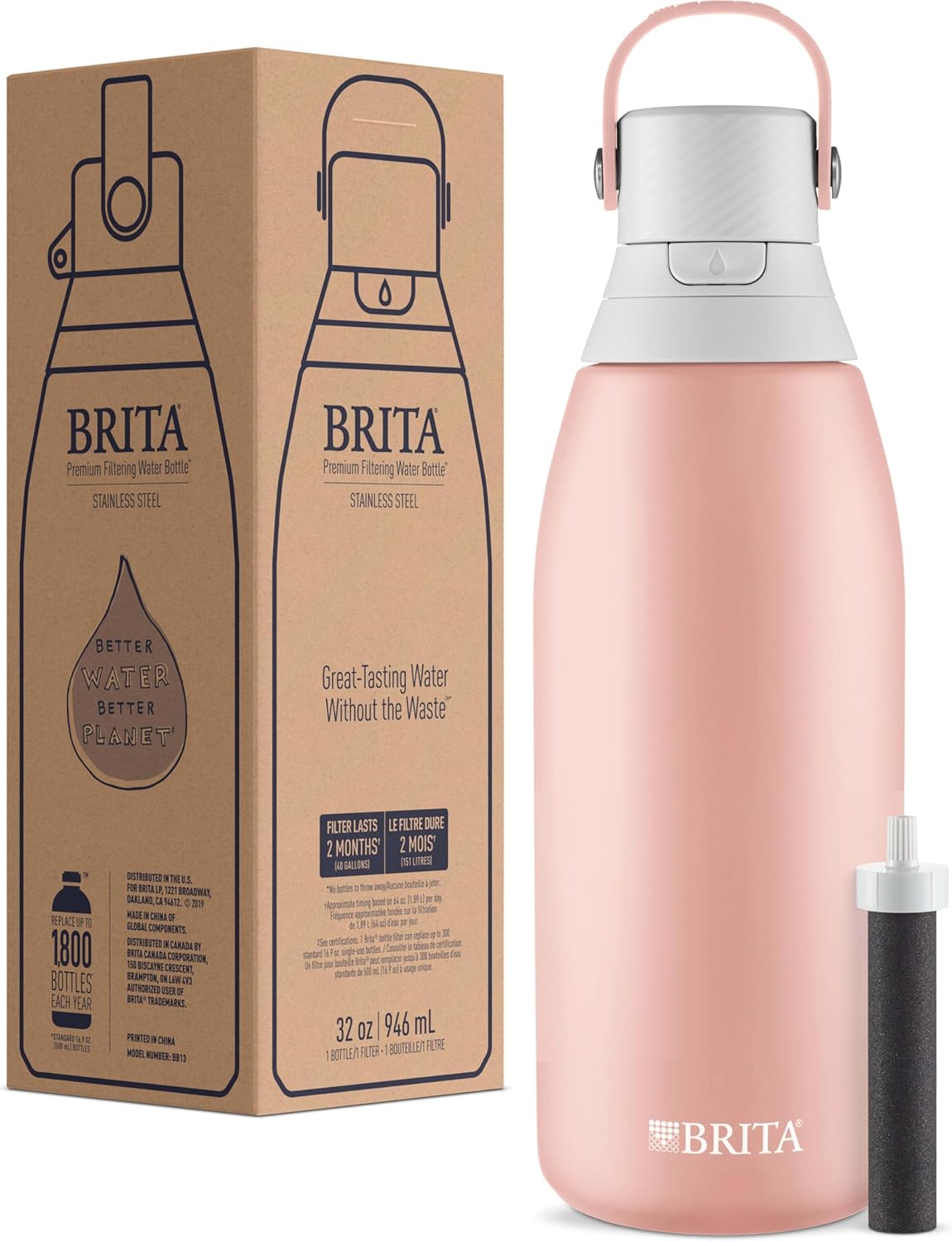 Brita Stainless Steel Premium Filtering Water Bottle, BPA-Free, Reusable, Insulated, Replaces 300 Plastic Water Bottles, Filter Lasts 2 Months or 40 Gallons, Includes 1 Filter, Rose - 32 oz - Image 9