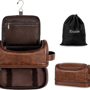 Elviros Toiletry Bag for Mens PU Leather Travel Organizer Kit with Hanging hook, Large Water-resistant Toiletries Bathroom Shaving Bag, Gift For Men (Dark Brown)
