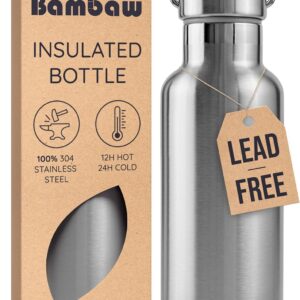 Bambaw Insulated Water Bottle 24oz | Stainless Steel Water Bottle | Insulated Water Bottles | Travel Water Bottle | Metal Water Bottle | Large Water Bottle | Reusable Water Bottle 750 ml